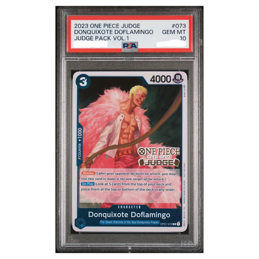 Donquixote Doflamingo Judge Pack Vol 1 PSA 10 Gem Mint graded slab One Piece Card Game Romance Dawn promo exclusive tournament