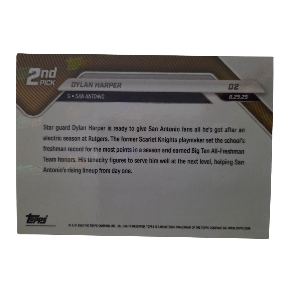 Back of Dylan Harper 2025 Topps NOW #D2 2nd Overall Pick rookie basketball card in Near Mint condition