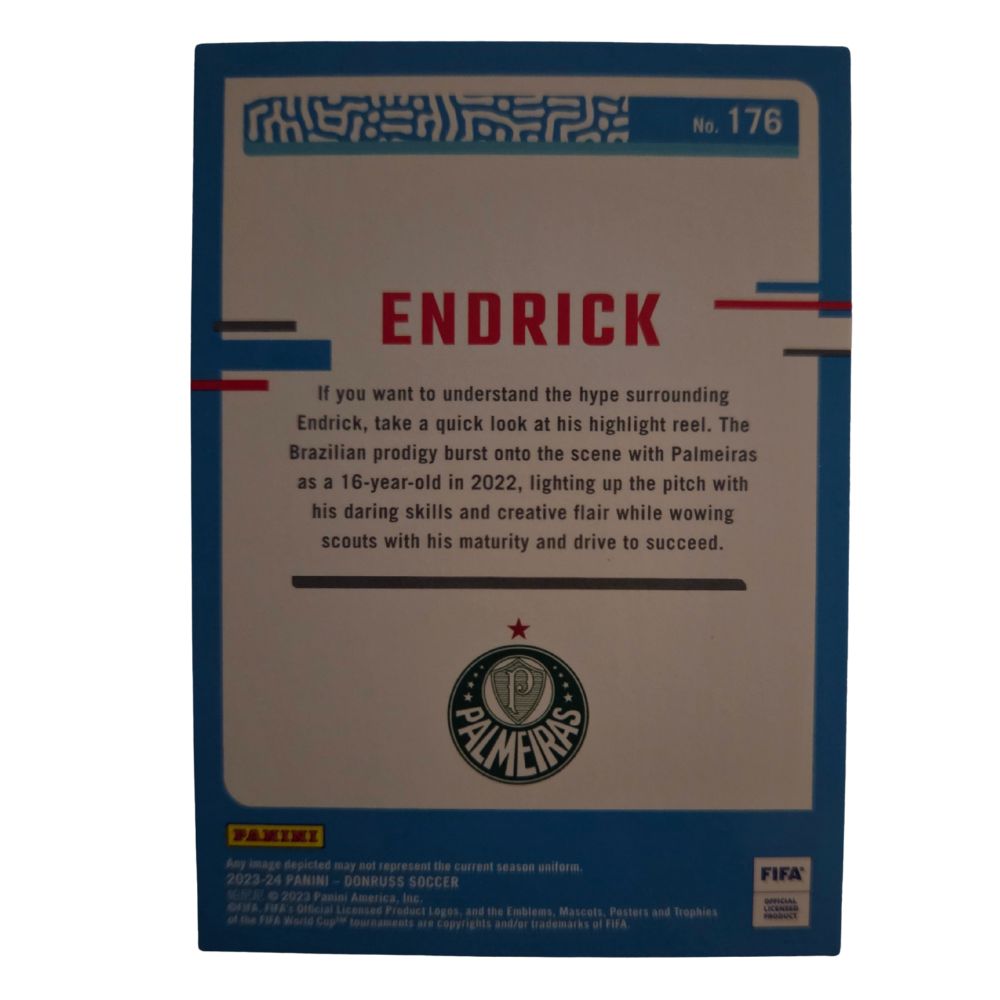 Back of Endrick 2023-24 Panini Donruss #176 Rated Rookie card, showing card number and checklist info