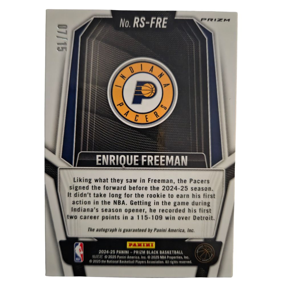 Back of Enrique Freeman 2024-25 Panini Prizm Black Snakeskin Autograph #RS-FRE /15 rookie card showing serial number and team details