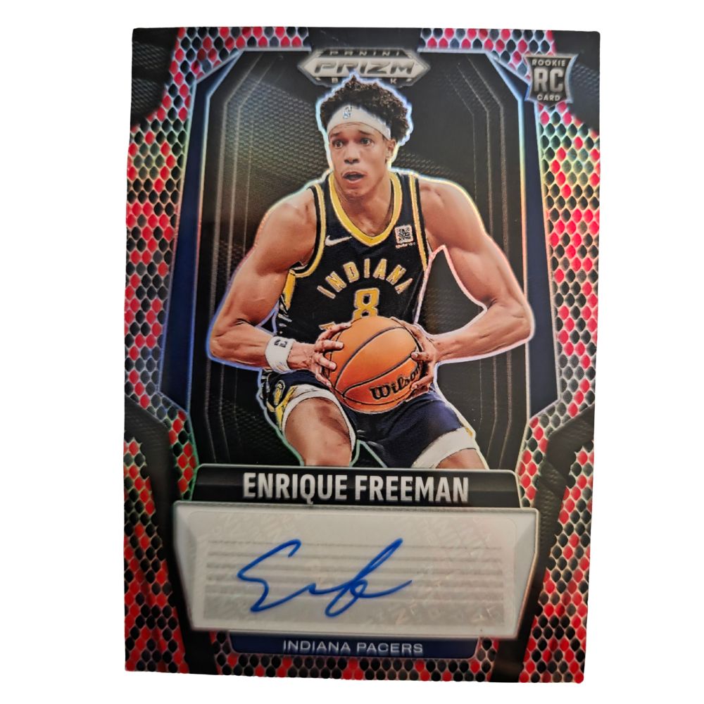 Front of Enrique Freeman 2024-25 Panini Prizm Black Snakeskin Autograph #RS-FRE /15 rookie basketball card featuring Indiana Pacers uniform and blue ink signature