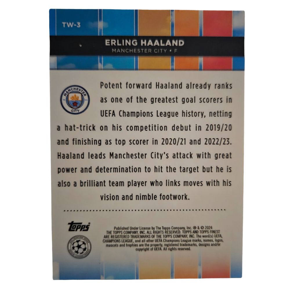 Back of Erling Haaland 2023-24 Topps Finest UEFA Club Competitions “Top of the World” #082/150 numbered parallel, showing card details and number