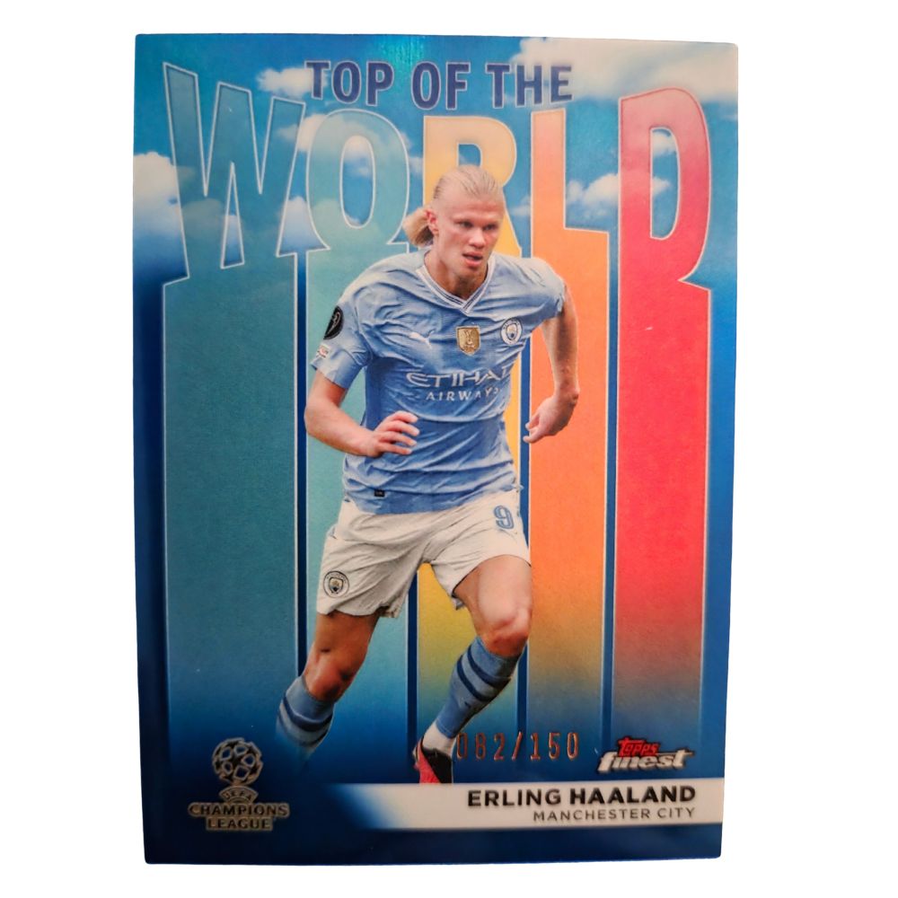 Front of Erling Haaland 2023-24 Topps Finest UEFA Club Competitions “Top of the World” #082/150 numbered parallel in Near Mint condition