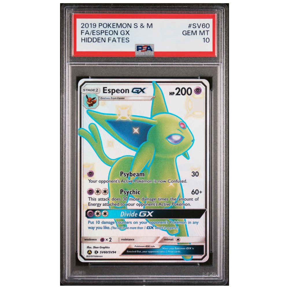 Official Pokemon TCG Espeon GX Shiny Full Art PSA 10 from Hidden Fates graded card collectible