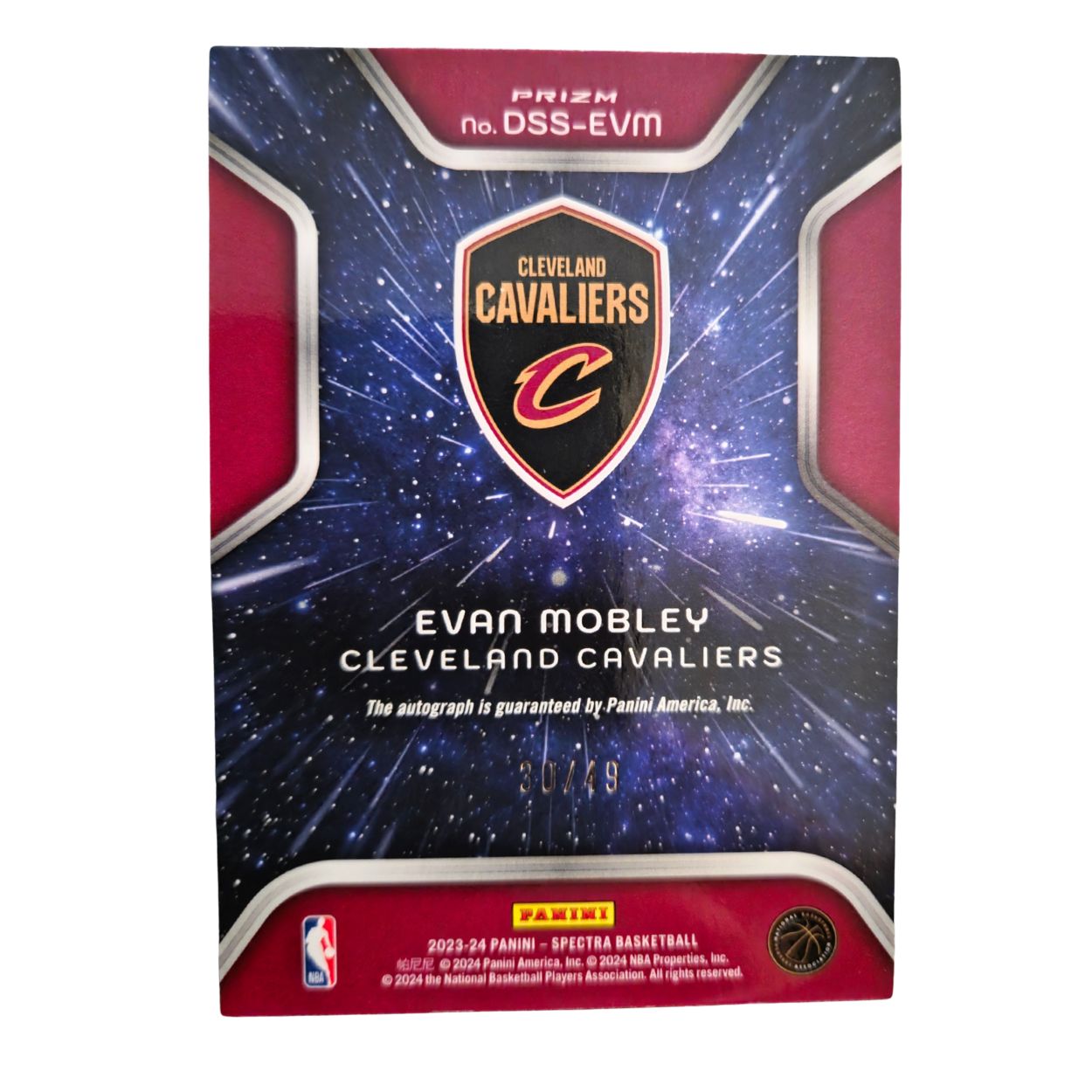 Back of Evan Mobley 2023-24 Panini Spectra Deep Space Autograph #DSS-EVM /49 basketball card showing serial number 30/49 and Cavaliers logo