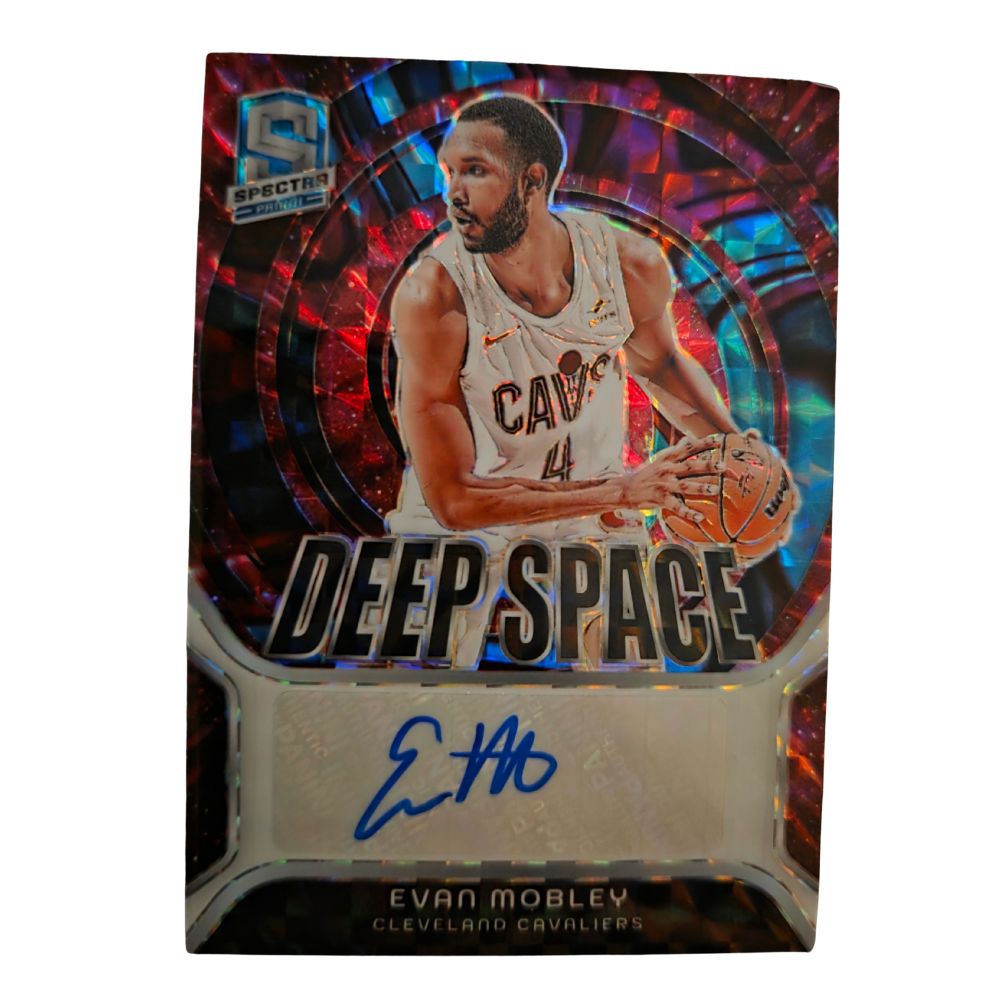 Front of Evan Mobley 2023-24 Panini Spectra Deep Space Autograph #DSS-EVM /49 card featuring Cleveland Cavaliers uniform and blue ink signature