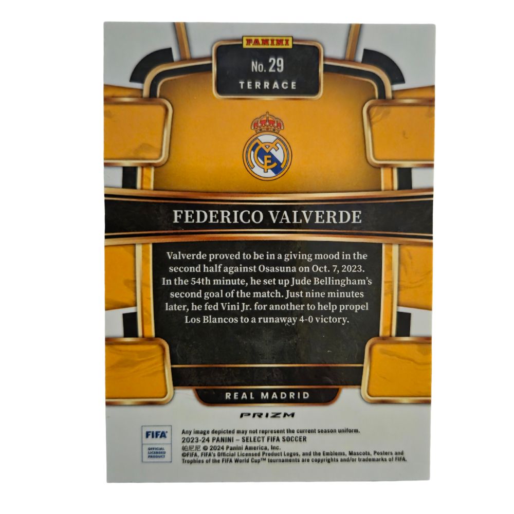 Back of Federico Valverde 2023-24 Panini Select FIFA Terrace #29 card showing card number and set details