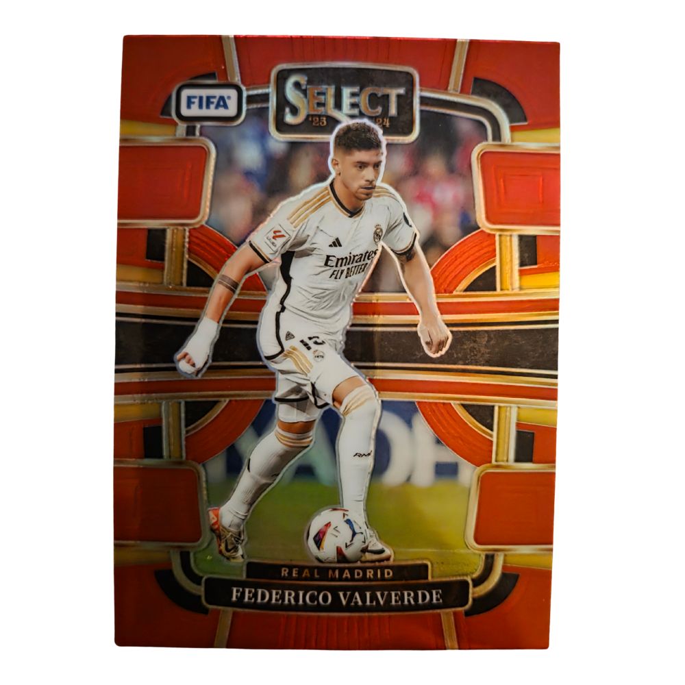 Front of Federico Valverde 2023-24 Panini Select FIFA Terrace #29 Red Prizm parallel raw Near Mint condition