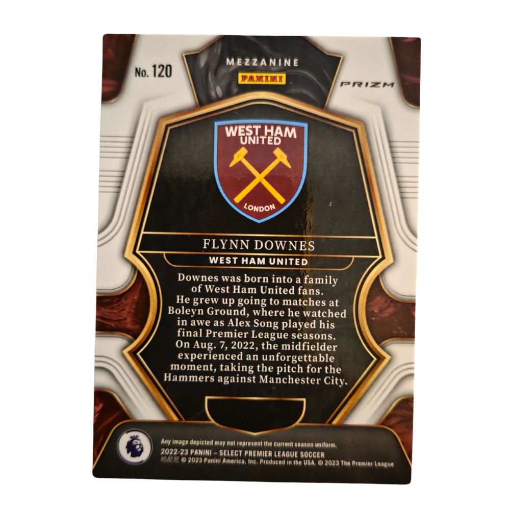 Back of Flynn Downes 2022-23 Panini Select Premier League Mezzanine Pink Ice RC #120 card with West Ham logo and biography text