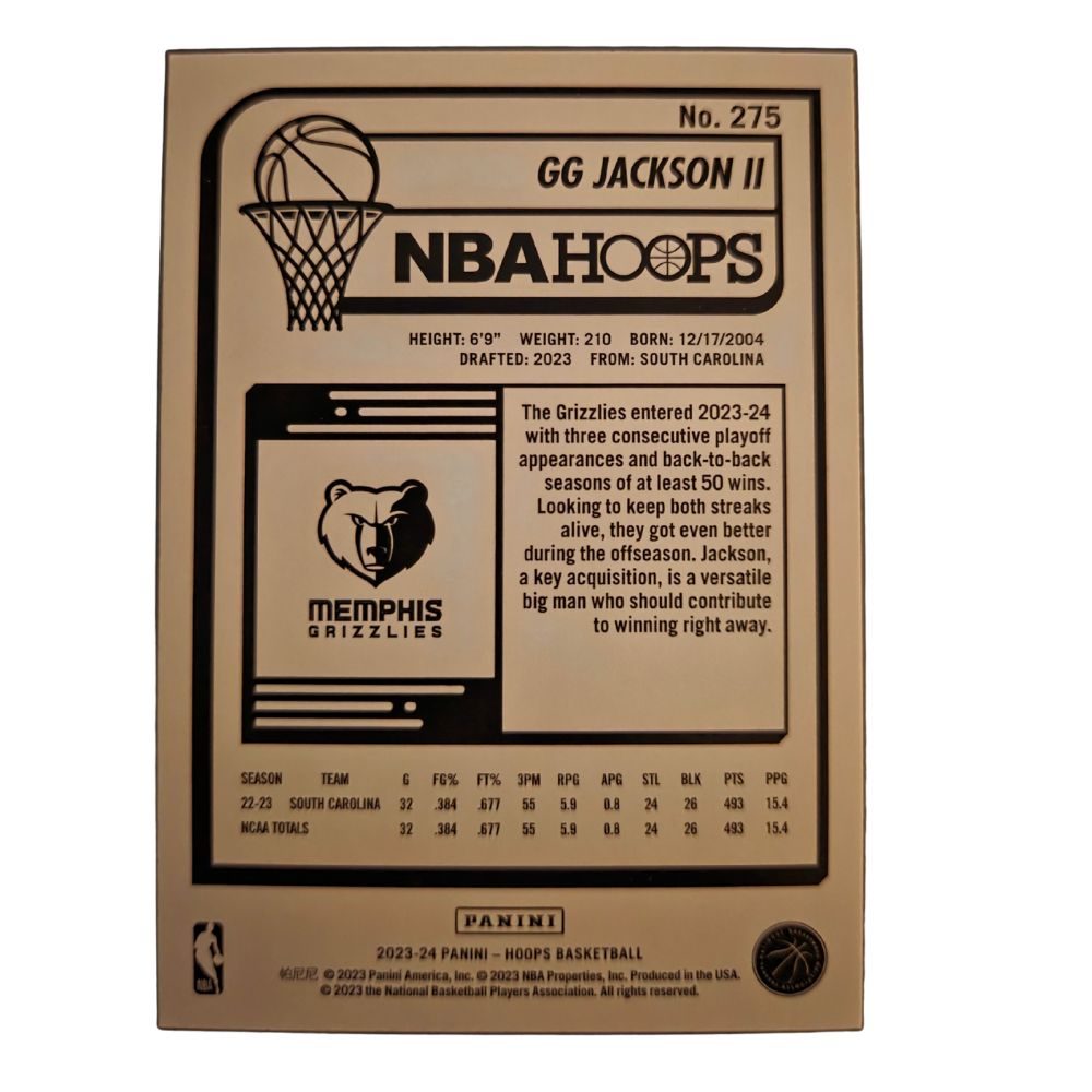 Back of GG Jackson II 2023-24 Panini NBA Hoops Rookie Card #275 in Near Mint condition