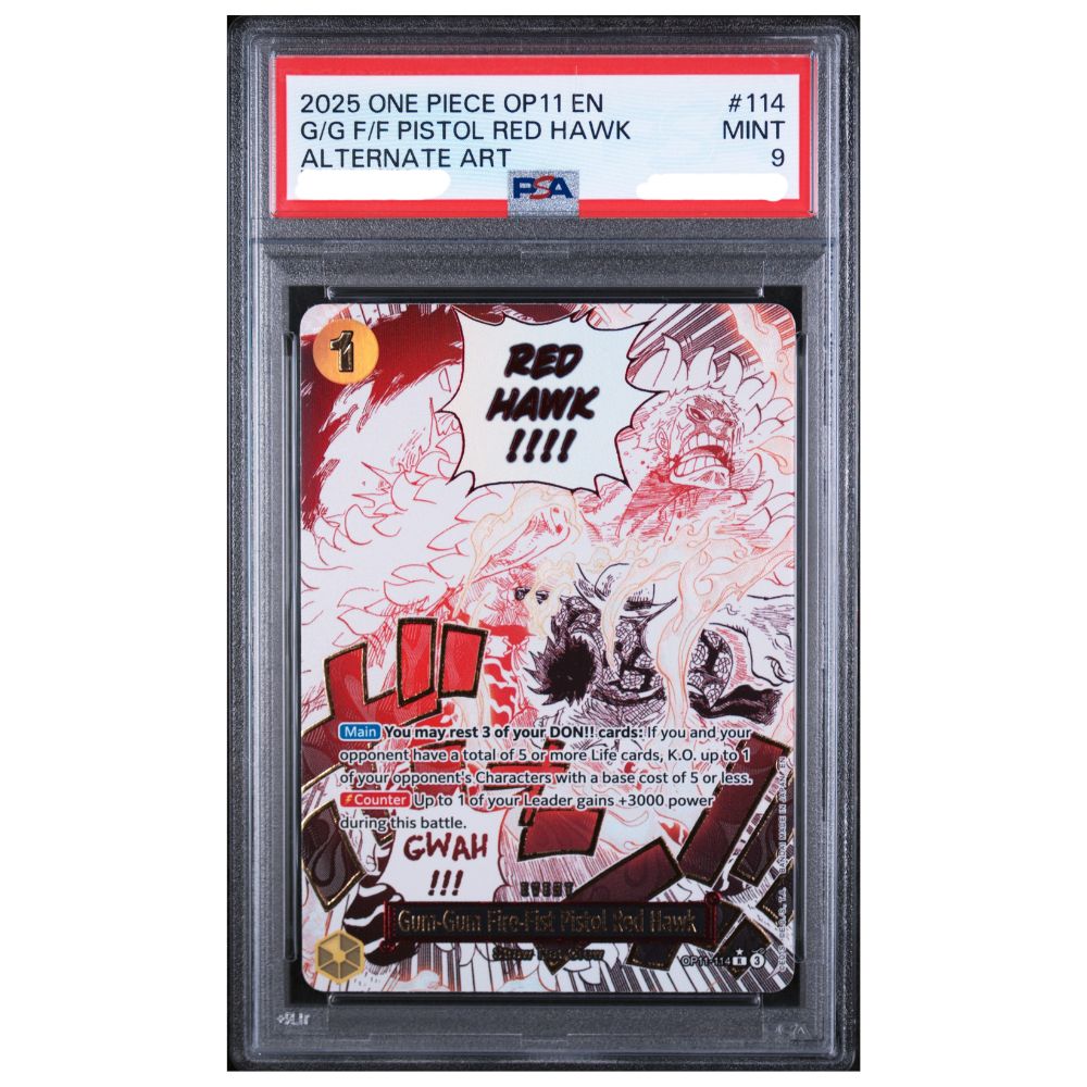 PSA 9 G Gum Gum Fire Fist Pistol Red Hawk Alternate Art from One Piece OP11 Fist of Divine Speed
