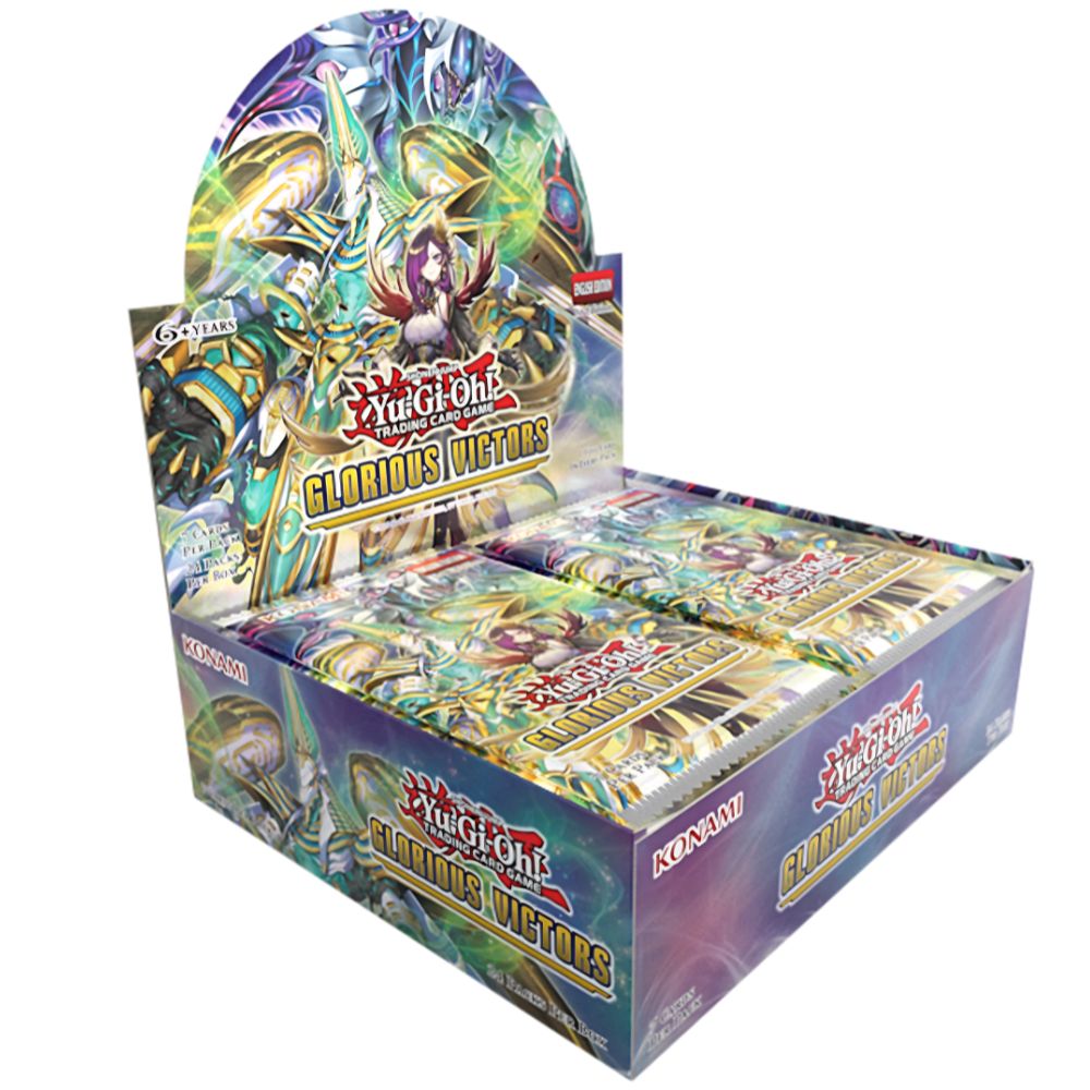 A Yu-Gi-Oh! Glaciers Victors booster box display containing multiple sealed booster packs, photographed on a clean white background.