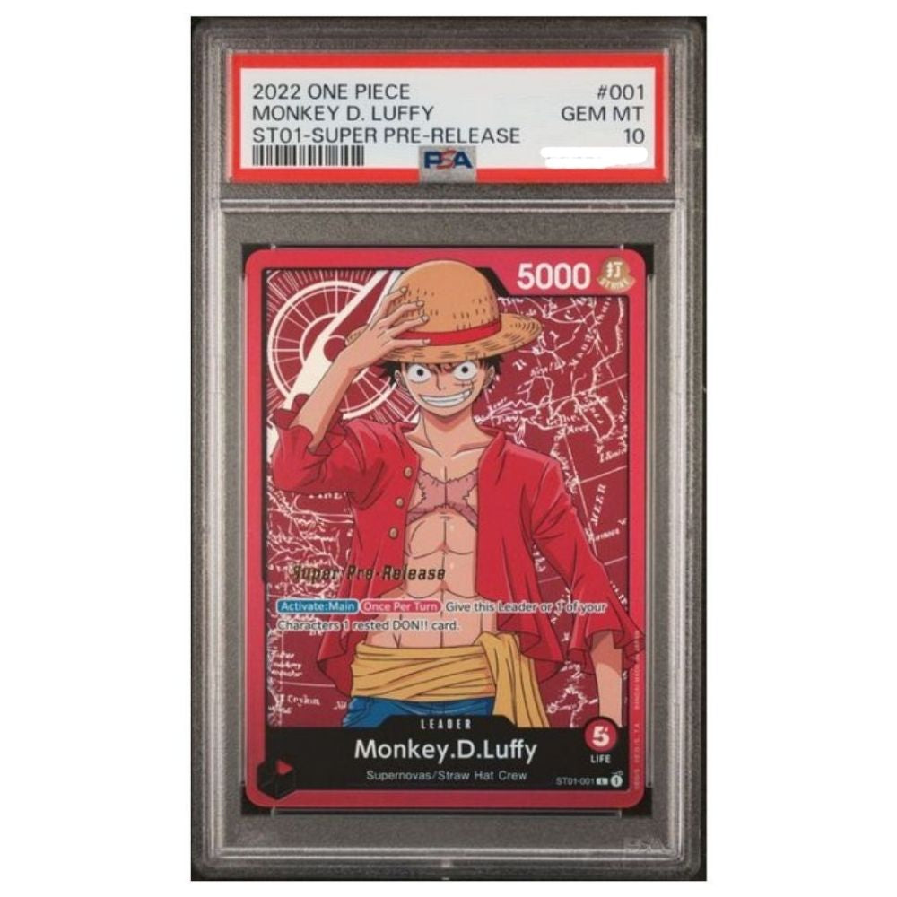 Official One Piece TCG graded card of Monkey D. Luffy ST01-001 Super Pre-Release – PSA 10 GEM MINT