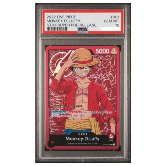 Official One Piece TCG graded card of Monkey D. Luffy ST01-001 Super Pre-Release – PSA 10 GEM MINT