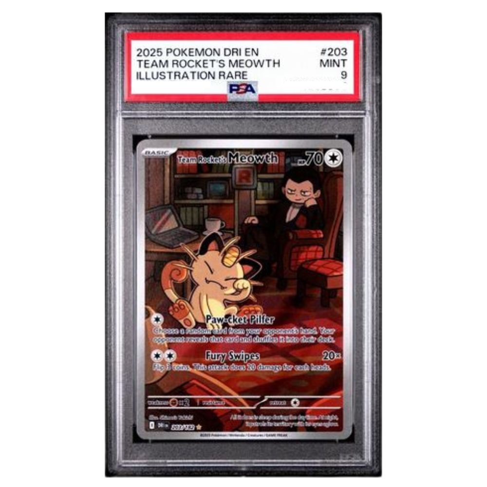 Official Pokémon TCG Team Rocket’s Meowth 2025 Double Rare Illustration Card Graded PSA 9 Mint