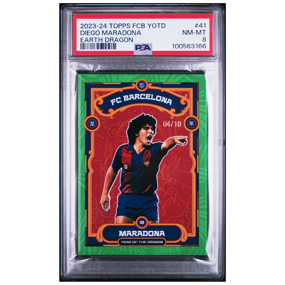 Diego Maradona Official Topps FC Barcelona Year Of The Dragon graded card featuring Diego Maradona – Collectible Trading Card PSA 8