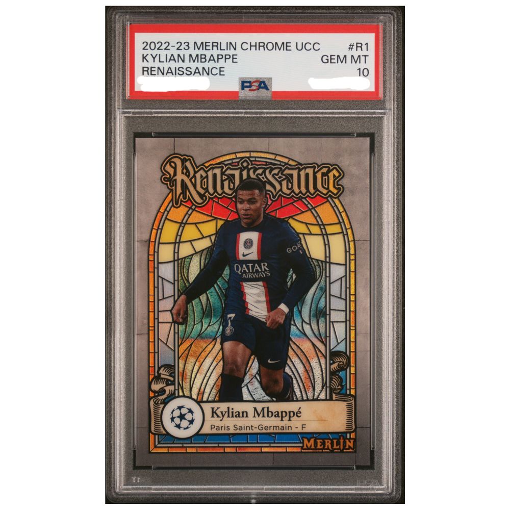 Official Topps Merlin Chrome UEFA Club Competitions graded card featuring Kylian Mbappe – Collectible Trading Card PSA 10