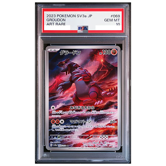 Japanese Groudon Art Rare 069/062 from Raging Surf SV3a, graded PSA 10 Gem Mint in a PSA holder.