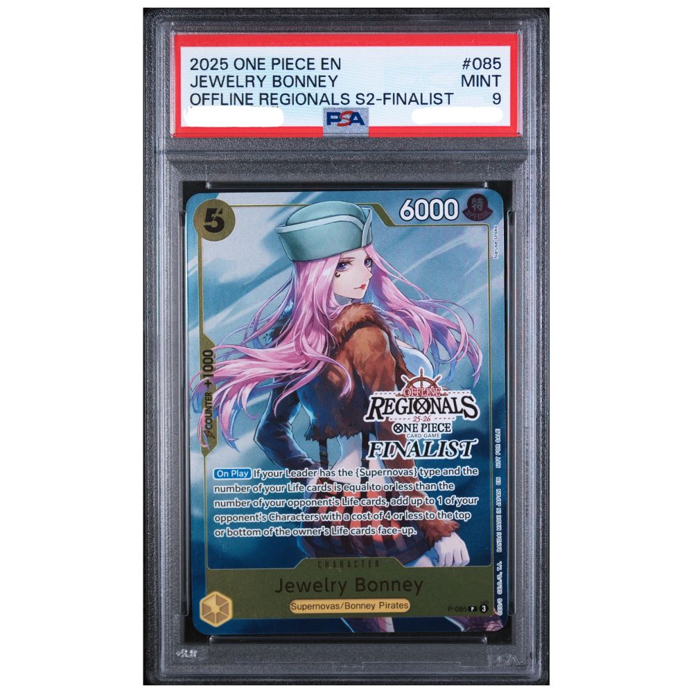 PSA 9 Jewelry Bonney Offline Regionals Season 2 Finalist promotional card for the One Piece Card Game
