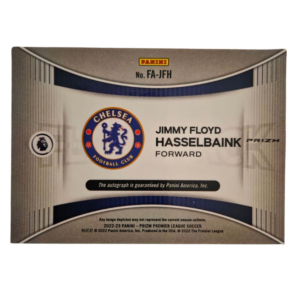 Back of Jimmy Floyd Hasselbaink 2022-23 Panini Prizm Premier League Flashback Autographs #FA-JFH showing card details and autograph designation