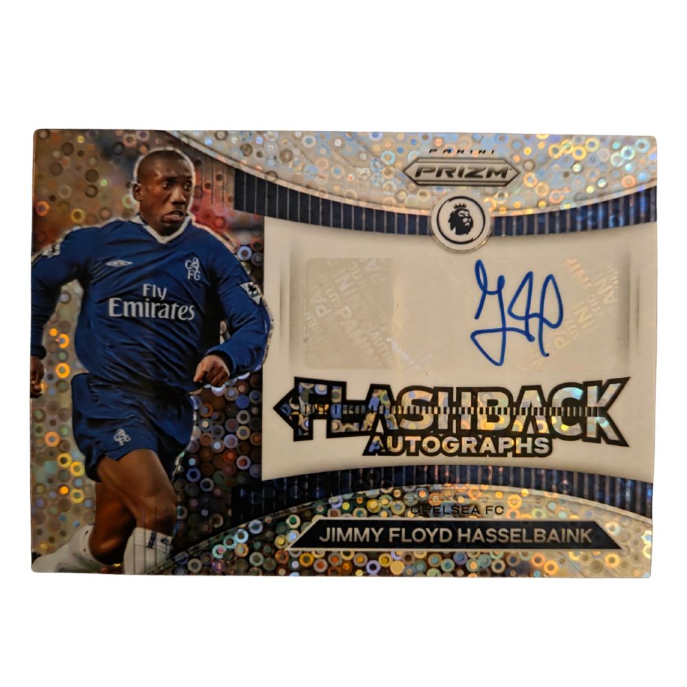Front of Jimmy Floyd Hasselbaink 2022-23 Panini Prizm Premier League Flashback Autographs #FA-JFH raw near-mint condition