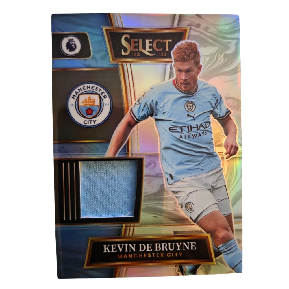 Front of Kevin De Bruyne 2022-23 Panini Select Premier League Select Swatches Prizm relic card featuring Manchester City player and blue fabric patch