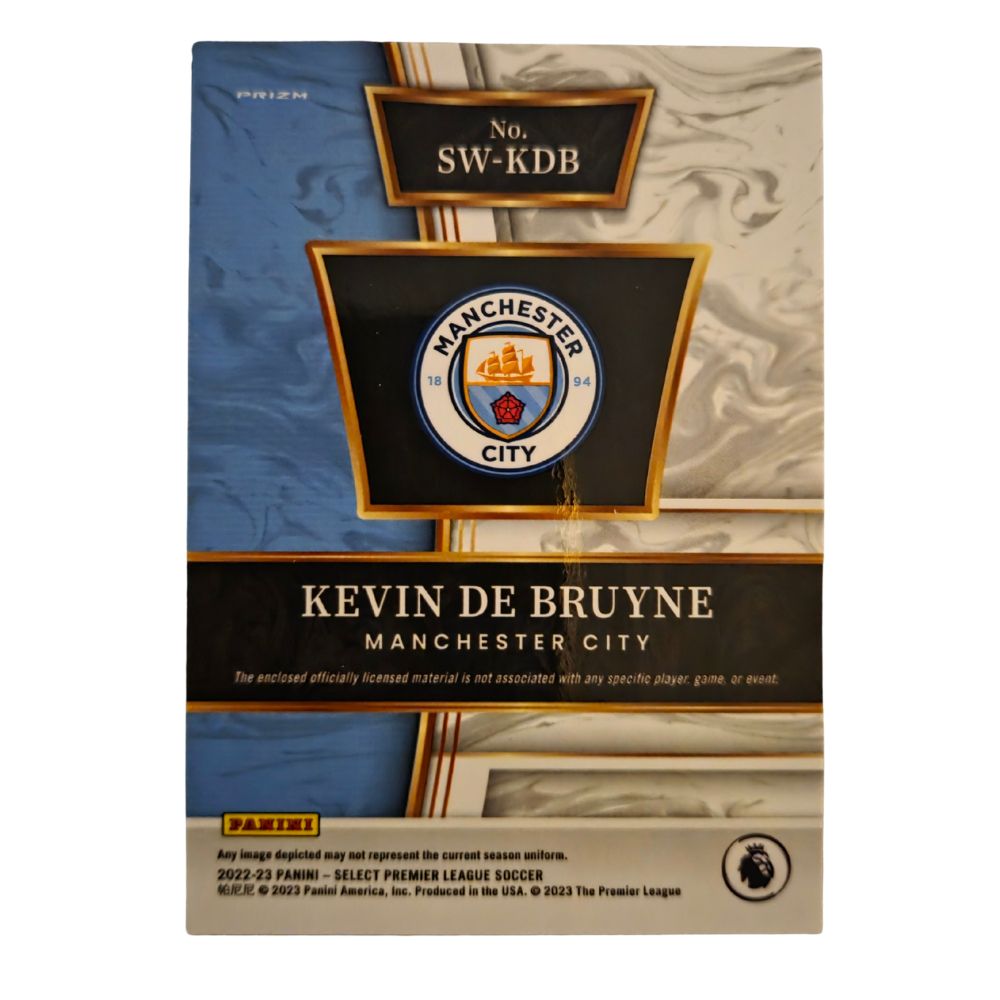 ack of Kevin De Bruyne 2022-23 Panini Select Premier League Select Swatches Prizm card showing card number SW-KDB and Panini authentication details
