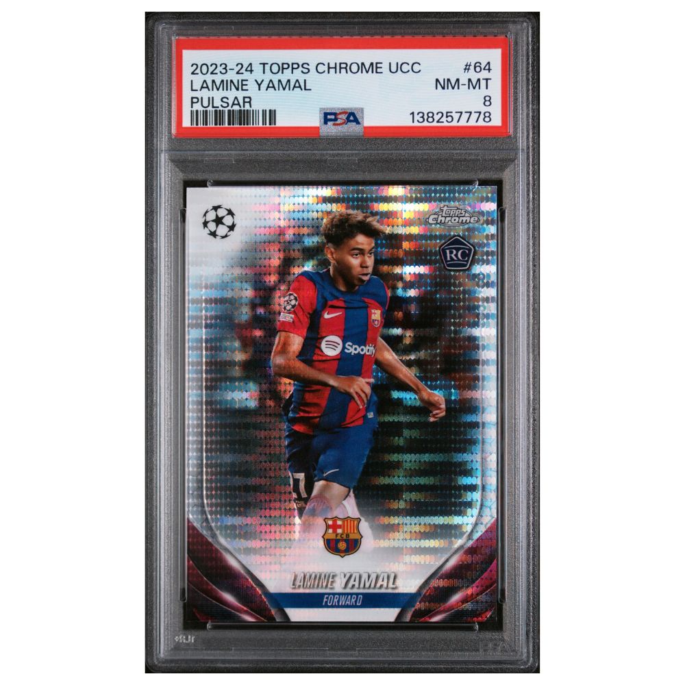 Official Topps Chrome UEFA Club Competitions Lamine Yamal Pulsar PSA 8 graded card collectible