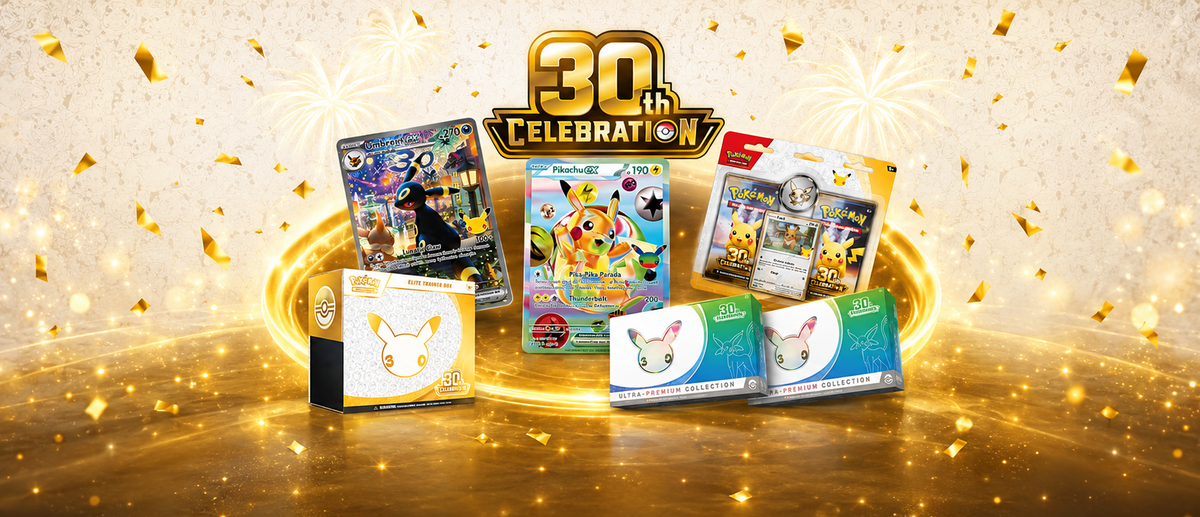Pokémon 30th Celebration TCG products including Elite Trainer Box, Ultra-Premium Collection, Umbreon ex and Pikachu ex cards