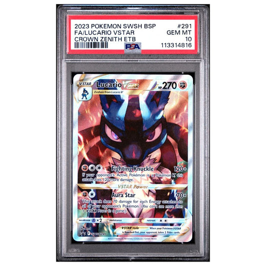 PSA 10 Lucario VSTAR Full Art Black Star Promo #291 from Crown Zenith Elite Trainer Box