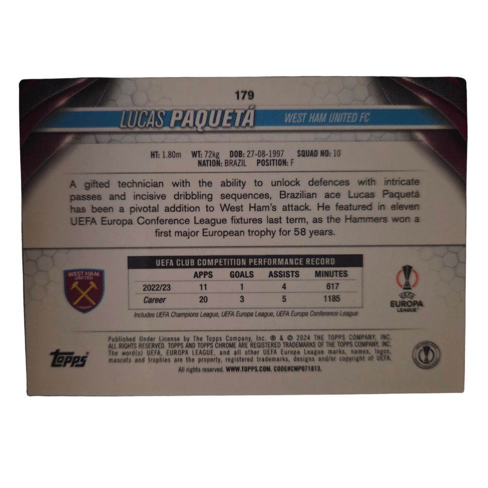 Back of Lucas Paquetá 2023-24 Topps Chrome UEFA Club Competitions Sapphire Edition #179 football card raw Near Mint
