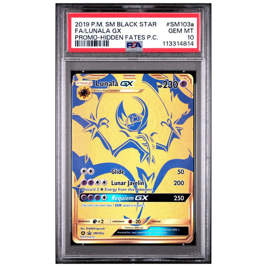 PSA 10 graded Lunala GX Full Art card from Hidden Fates Premium Collection, promo SM103a