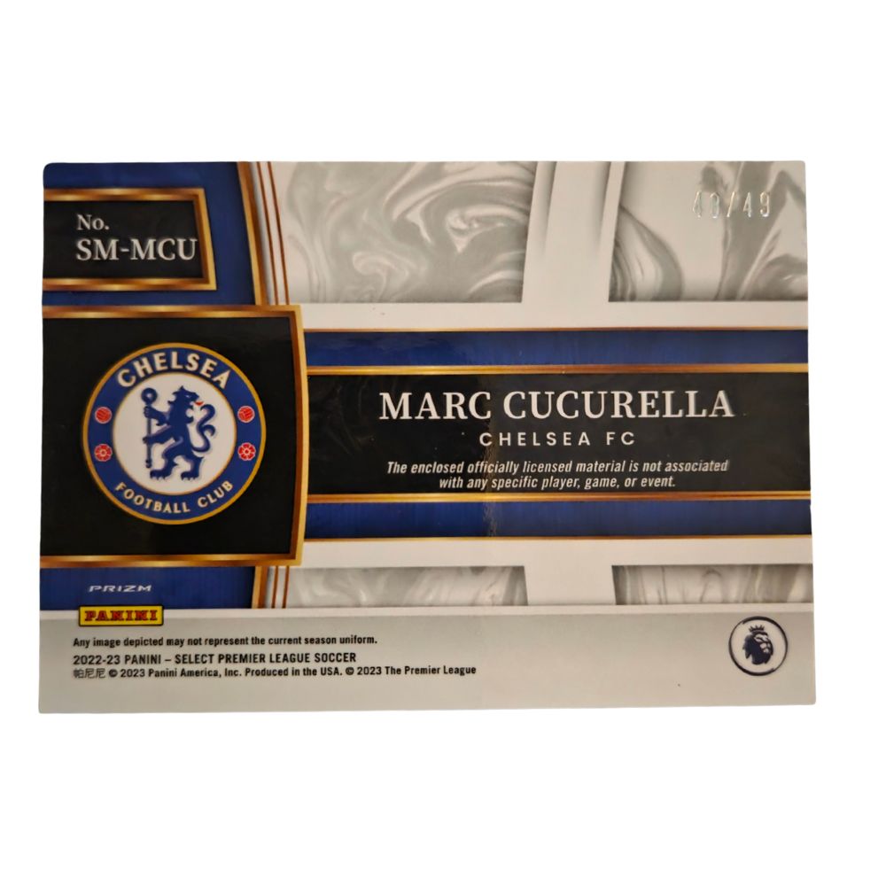 Back of Marc Cucurella 2022-23 Panini Select Premier League Select Memorabilia Purple Prizm #SM-MCU /49 raw Near Mint condition