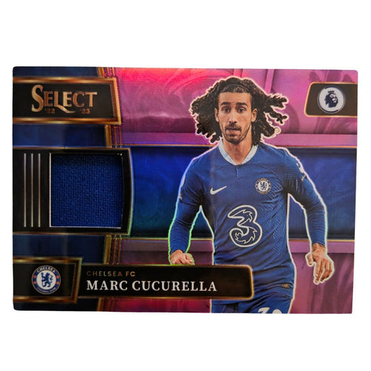 Front of Marc Cucurella 2022-23 Panini Select Premier League Select Memorabilia Purple Prizm #SM-MCU /49 raw Near Mint condition