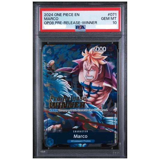 PSA 10 Marco OP08 Pre Release Winner promotional card from the 2024 One Piece Promos series