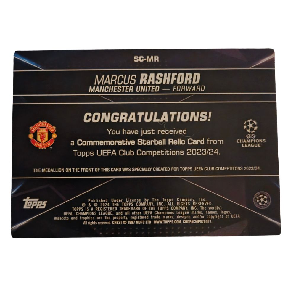 Back of Marcus Rashford 2023-24 Topps UEFA Club Competitions Starball Commemorative Relic #SC-MR raw Near Mint condition