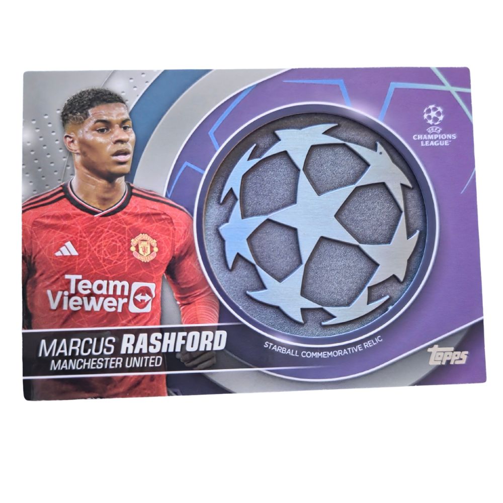 Front of Marcus Rashford 2023-24 Topps UEFA Club Competitions Starball Commemorative Relic #SC-MR raw Near Mint condition