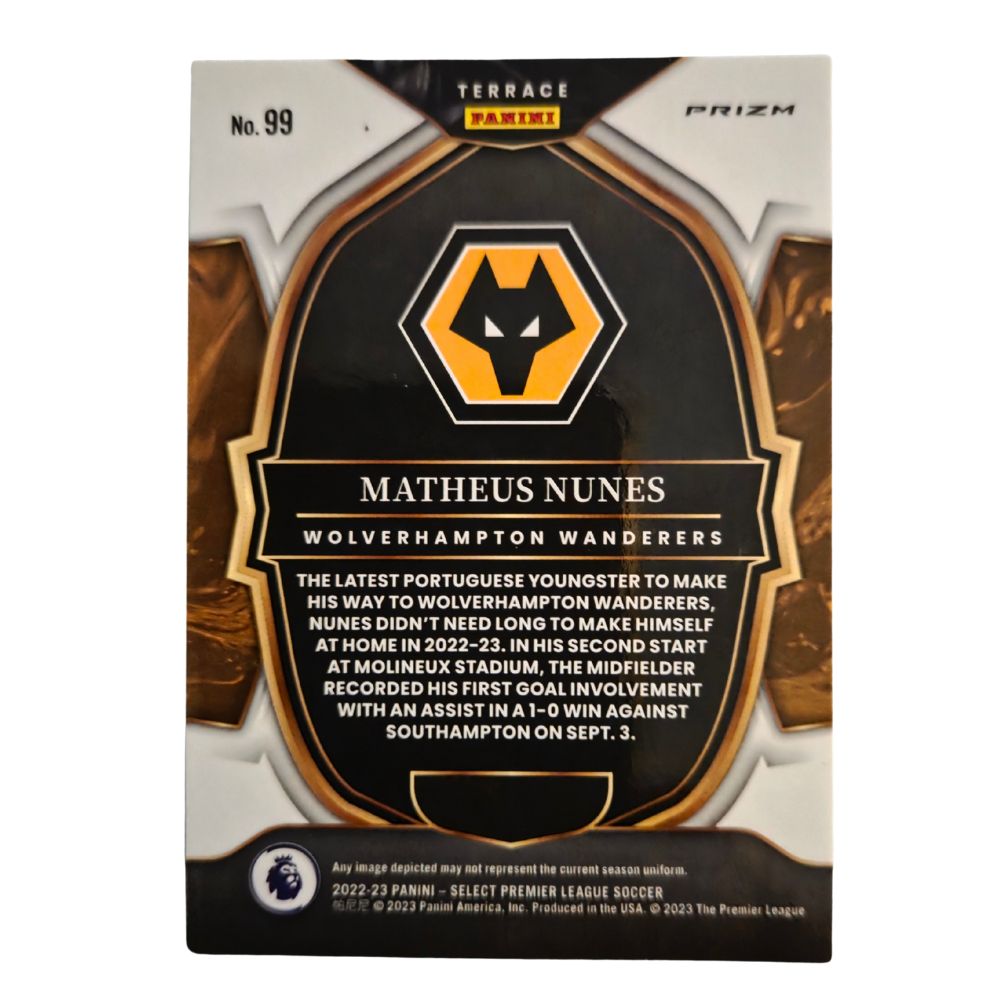 Back of Matheus Nunes 2022-23 Panini Select Premier League Terrace Pink Ice RC #99 card with Wolverhampton logo and biography text