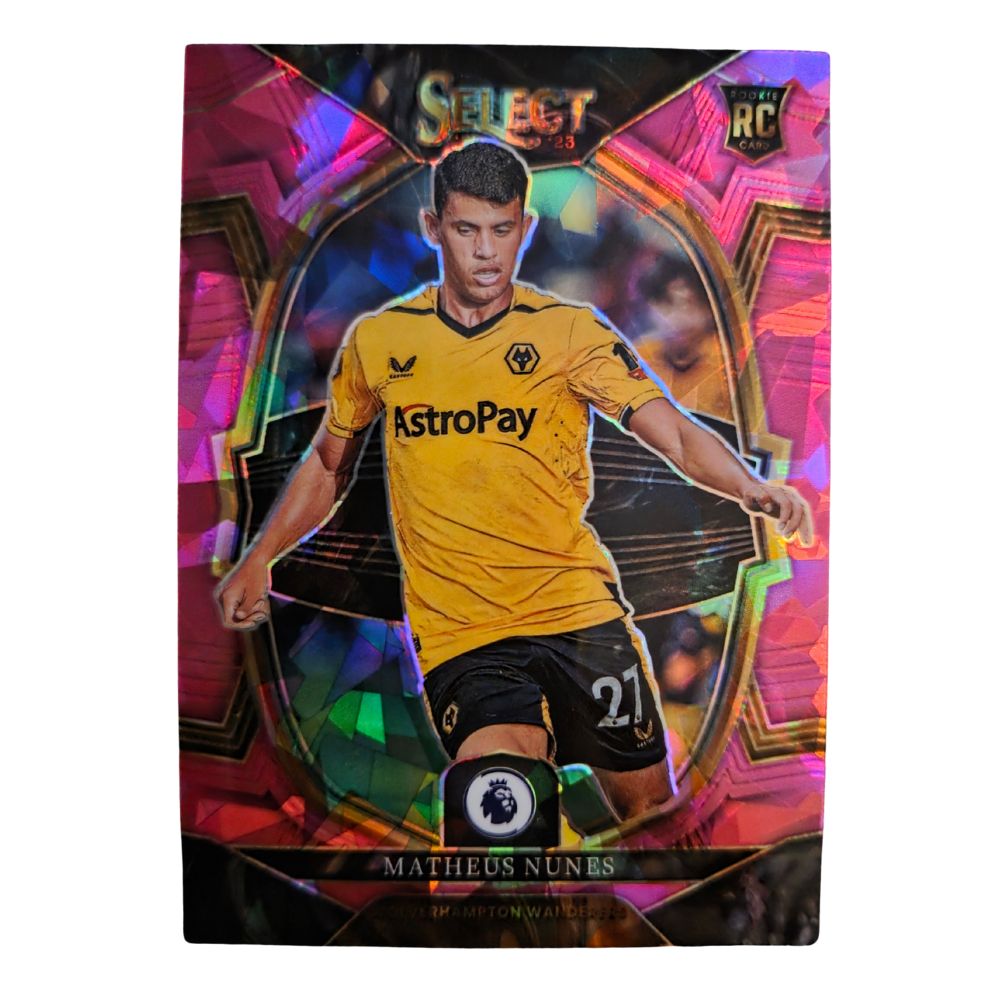 Front of Matheus Nunes 2022-23 Panini Select Premier League Terrace Pink Ice RC #99 football card showing player in Wolves kit