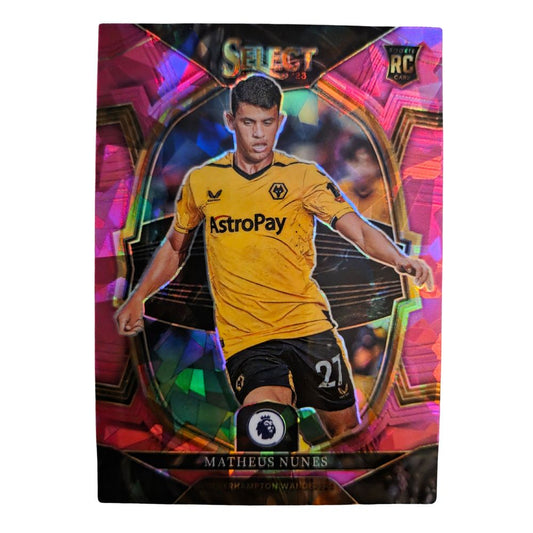 Front of Matheus Nunes 2022-23 Panini Select Premier League Terrace Pink Ice RC #99 football card showing player in Wolves kit