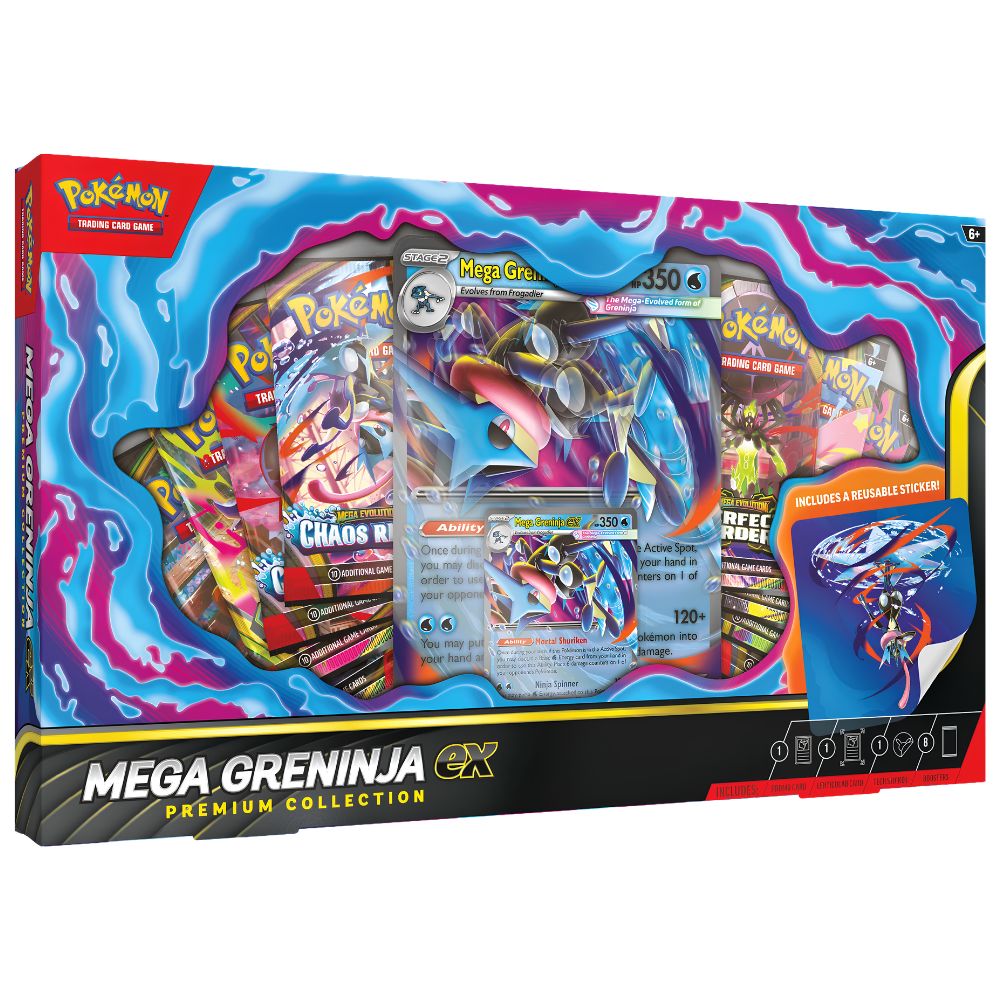 Mega Greninja ex Premium Collection Pokemon featuring promo card booster packs and lenticular oversized card