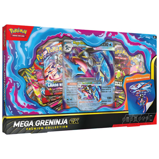 Mega Greninja ex Premium Collection Pokemon featuring promo card booster packs and lenticular oversized card
