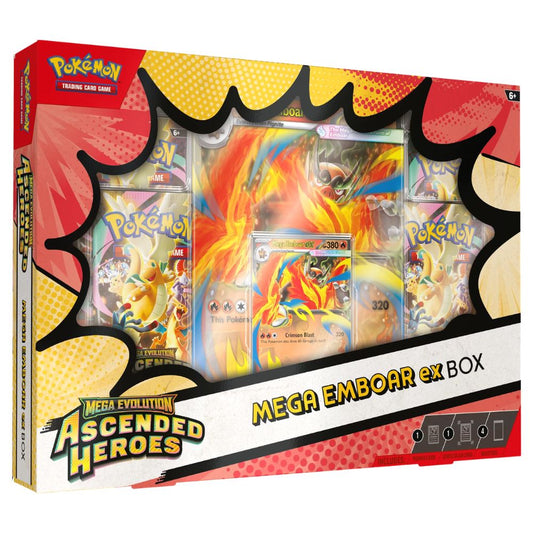 Mega Emboar ex Official Pokemon TCG Box from Ascended Heroes featuring promo card and booster packs – Collectible Trading Card Game