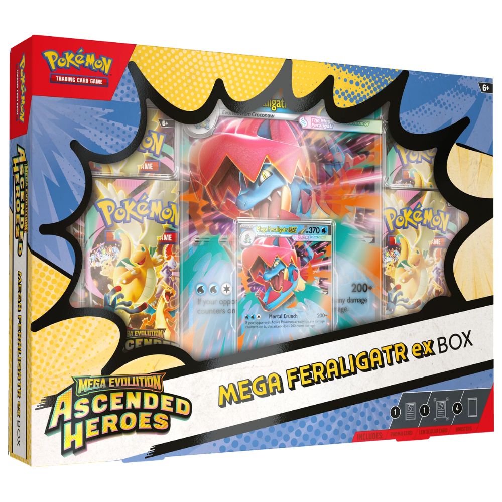 Mega Feraligatr ex Official Pokemon TCG Box from Ascended Heroes featuring promo card and booster packs – Collectible Trading Card Game