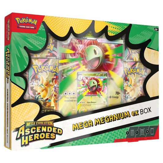 Mega Meganium ex Official Pokemon TCG Box from Ascended Heroes featuring promo card and booster packs – Collectible Trading Card Game