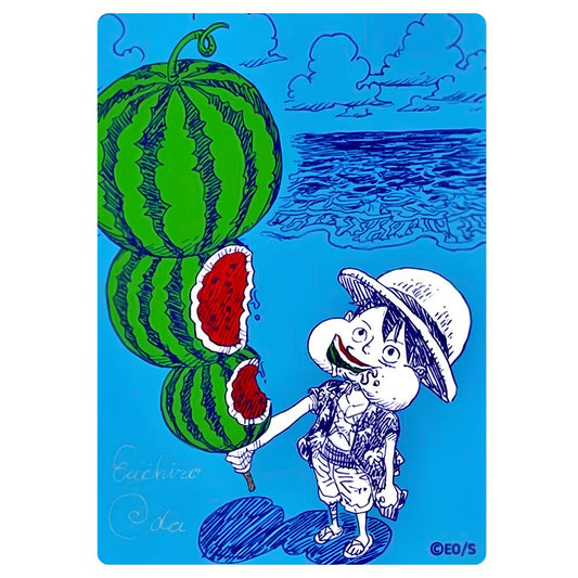 Watermelon Luffy NatsuComi 2026 MetaKira promotional card with original Eiichiro Oda artwork