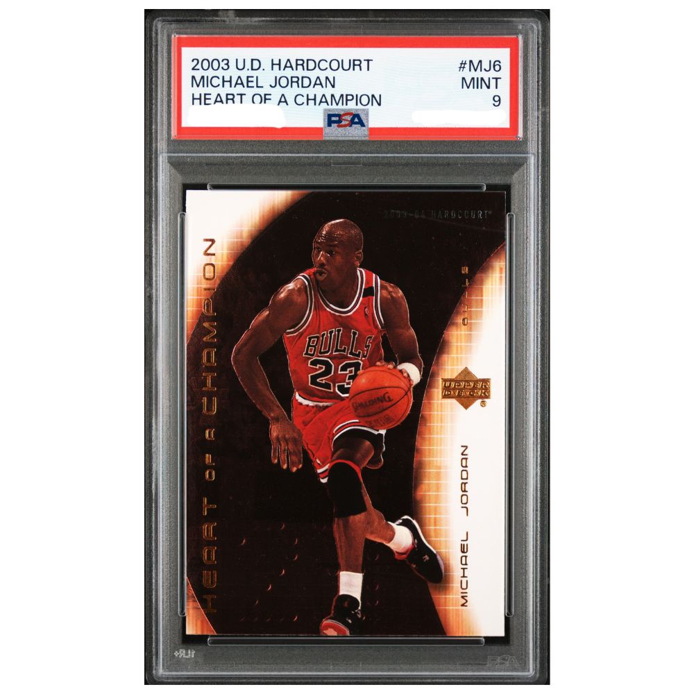 Michael Jordan Heart of a Champion insert PSA 9 Mint graded slab 2003-04 Upper Deck Hardcourt MJ6 Chicago Bulls NBA