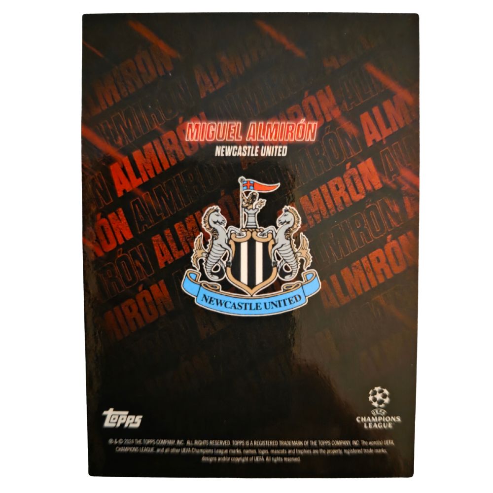 Back of Miguel Almirón 2023-24 Topps ShowTime UEFA Club Competitions card, showing print-run detail and serial number 10/10