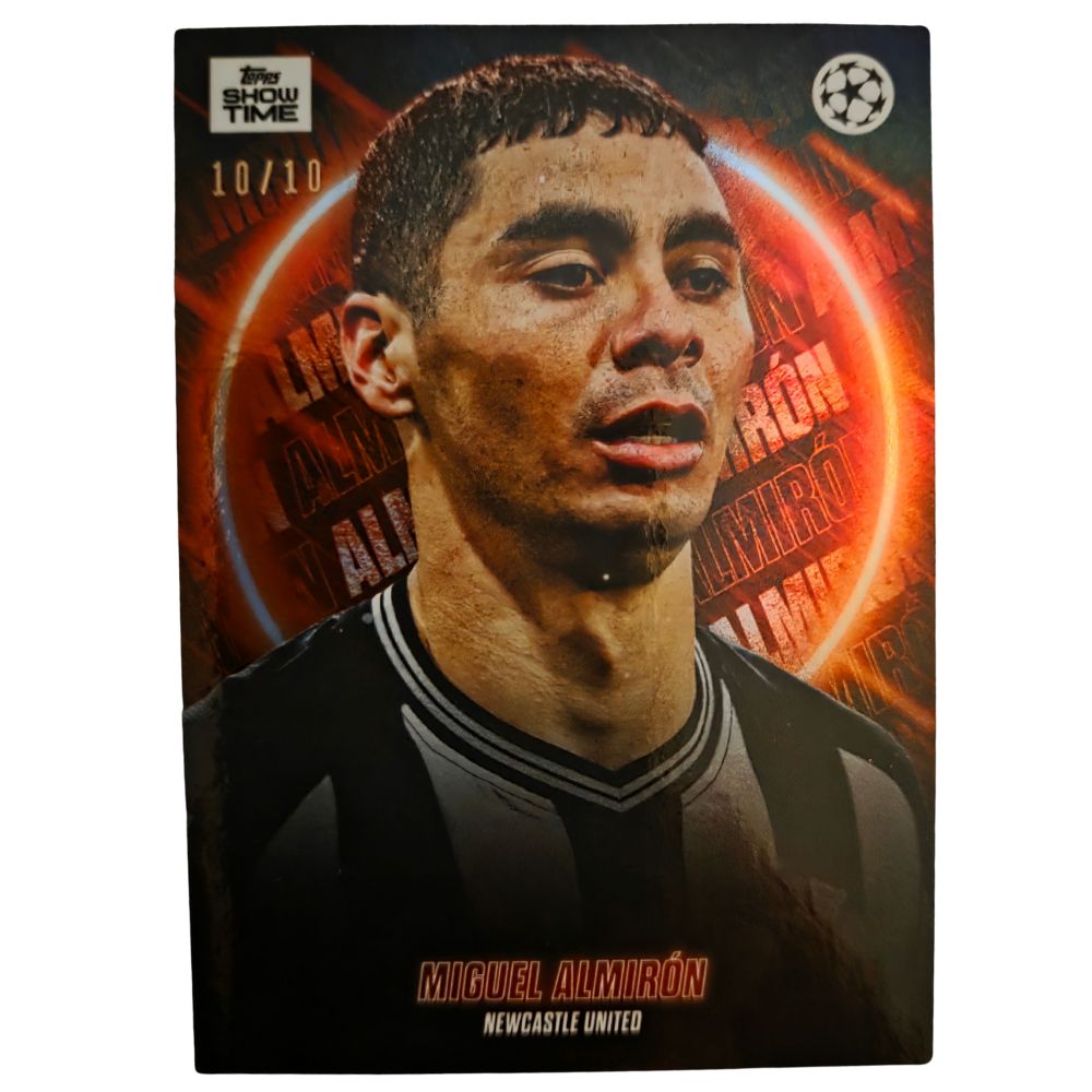Front of Miguel Almirón 2023-24 Topps ShowTime UEFA Club Competitions card, serial number 10/10, near mint condition