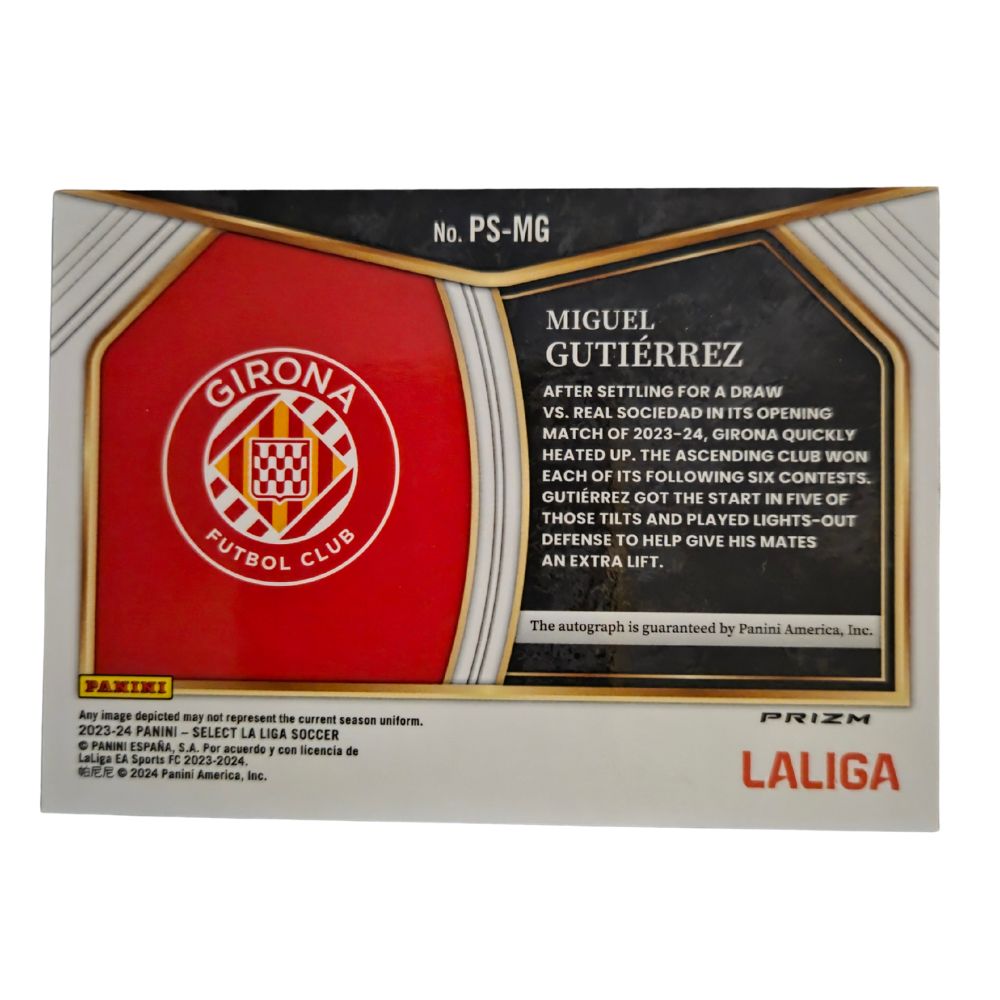 Back of Miguel Gutiérrez 2023-24 Panini Select La Liga Pitchside Signatures Peacock #PS-MG football card with Girona FC logo and Panini certification text